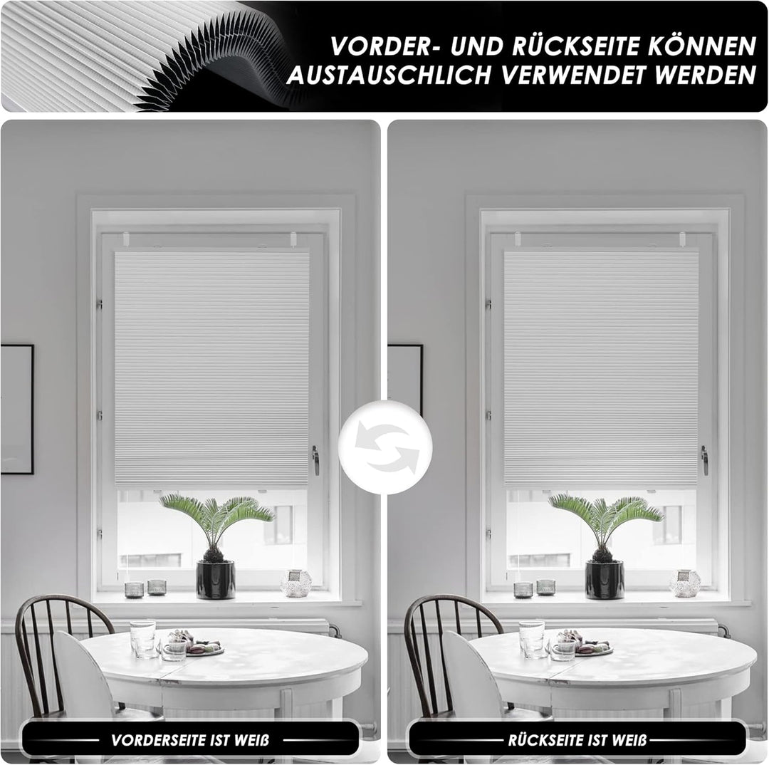 Allesin Wabenplissee ohne Bohren Verdunklung Thermo Doppelplissee Klemmfix Zweifarbig Weiss-weiss 90