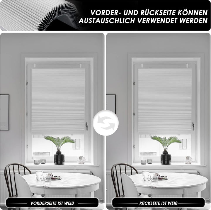 Allesin Wabenplissee ohne Bohren Verdunklung Thermo Doppelplissee Klemmfix Zweifarbig Weiss-weiss 90