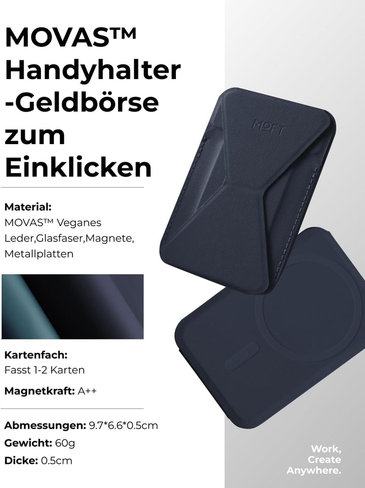 MOFT Magnetische Wallet Ständer für iPhone 15/14/13/12 Serie Kompatibel mit MagSafe, MOVAS Vegan Led