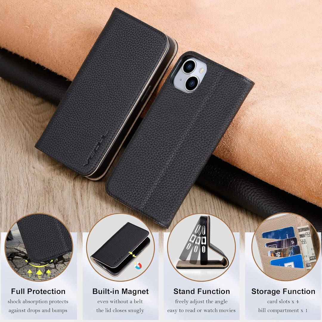 VISOUL Hülle für iPhone 14 Plus, Schutzhülle [Erstklassiges Rindsleder] [Schützt vor Stoss] [Kartenf