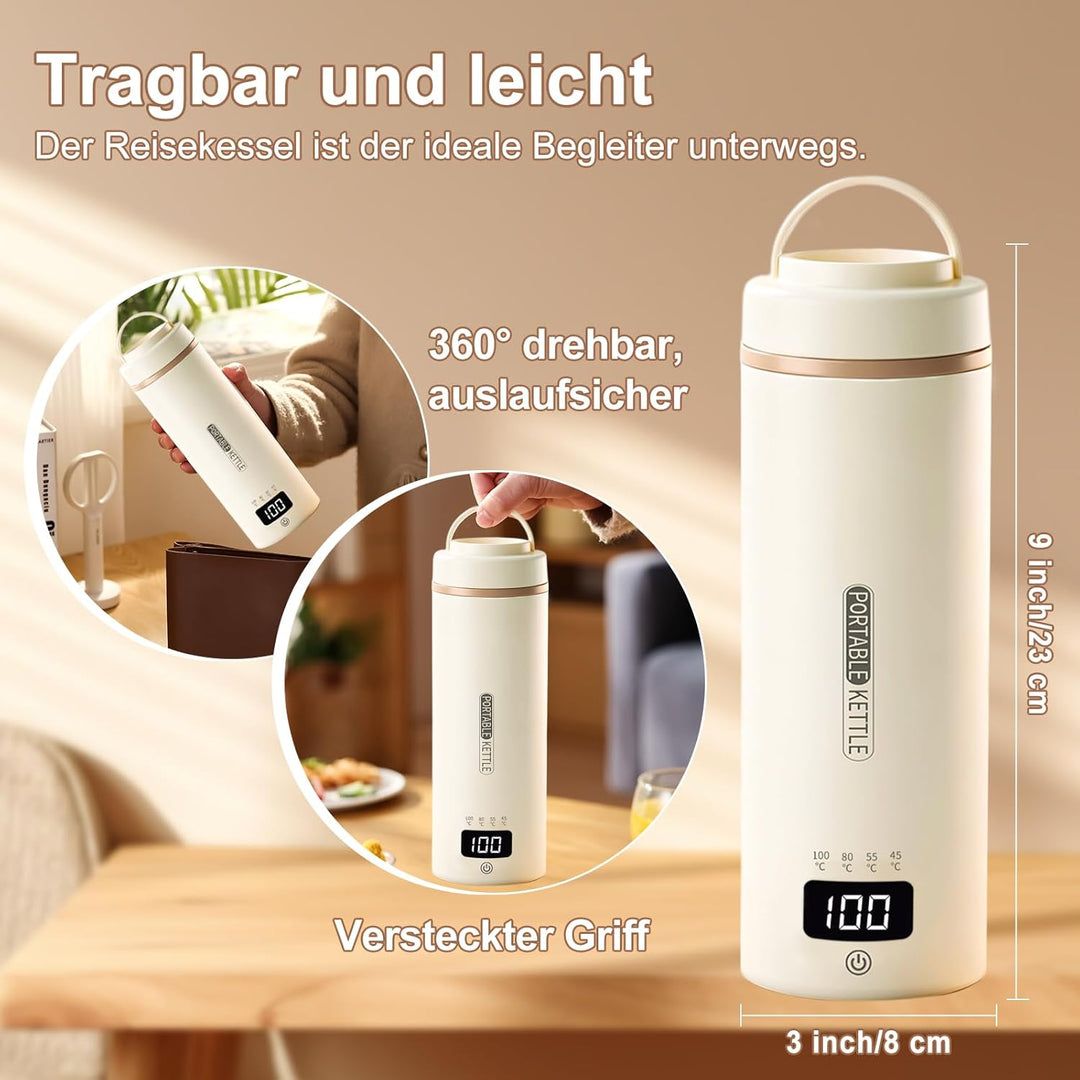 Tragbarer Reisewasserkocher 450 ml 4 Temperatureinstellungen Mini-Wasserkocher zum Anschliessen Edel