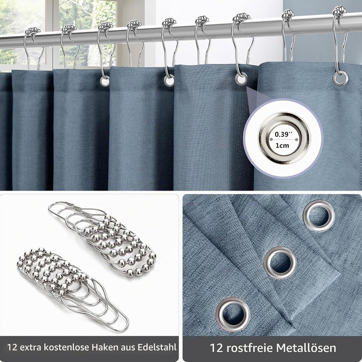VANZAVANZU Duschvorhang Leinen mit Metall Duschvorhangringe Stoff Textil Badewannenvorhang Anti Schi