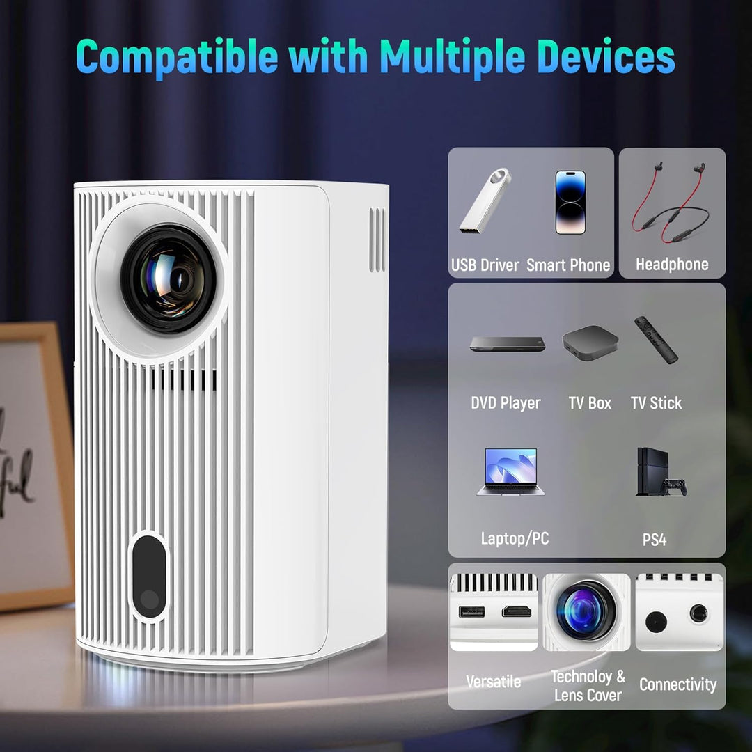 Mini Projektor Unterstützt 4K 1080P, Mini Beamer mit WLAN und Bluetooth, Tragbarer Projektor mit Aut