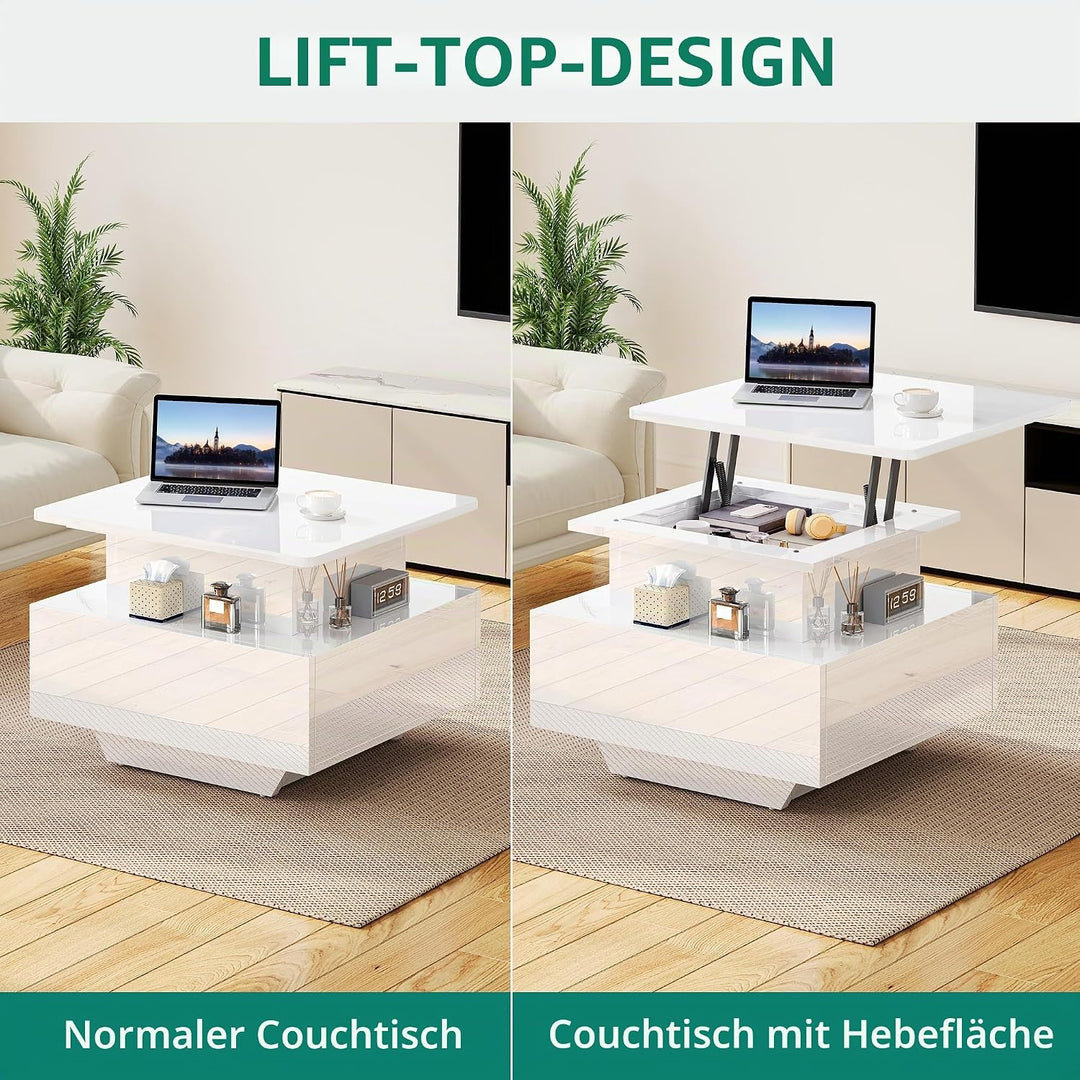 YITAHOME Couchtisch Höhenverstellbar mit LED Beleuchtung Modern, 60x60x45cm, Wohnzimmertisch Hochgla