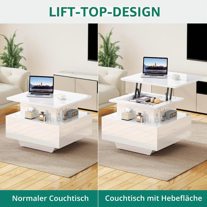 YITAHOME Couchtisch Höhenverstellbar mit LED Beleuchtung Modern, 60x60x45cm, Wohnzimmertisch Hochgla