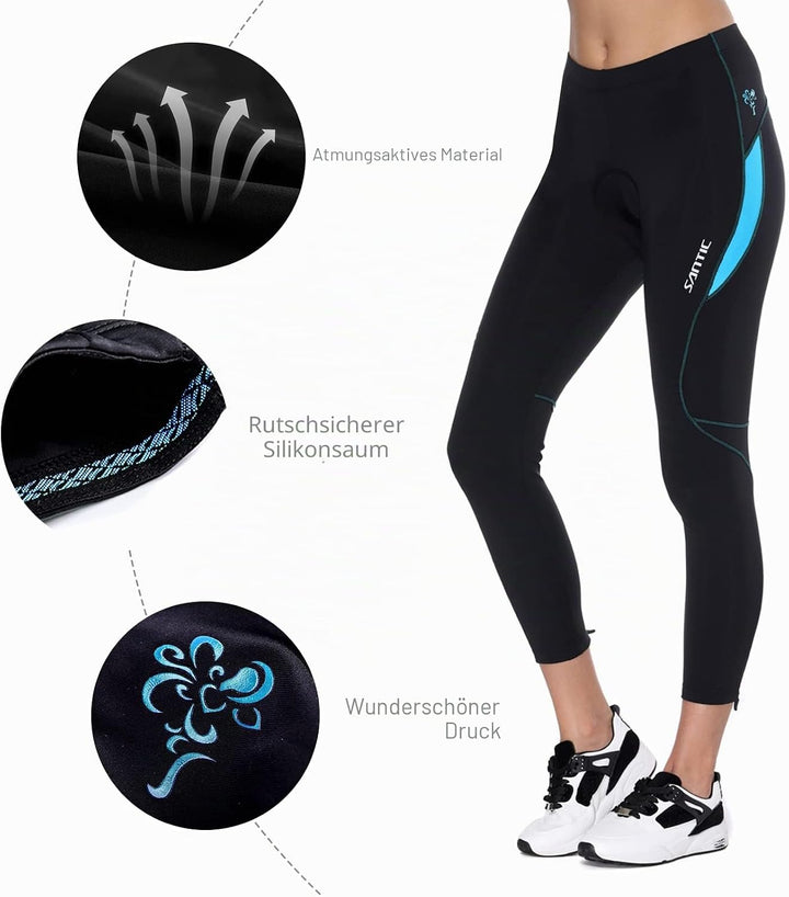 Santic Parni Radlerhose für Damen, gepolstert, Fahrradhose, lang, mit Kissen, L 1-blau