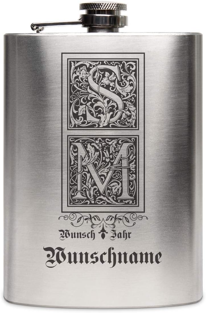 Edelstahl Flachmann 237 ml 8 oz Geschenk mit individueller Gravur - Verzierte Initialen, Verzierte I