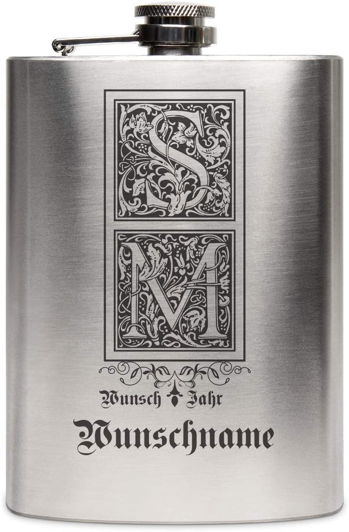 Edelstahl Flachmann 237 ml 8 oz Geschenk mit individueller Gravur - Verzierte Initialen, Verzierte I