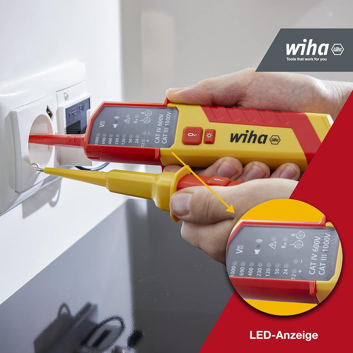 Wiha Spannungs- und Durchgangsprüfer 12 - 1.000 V AC, CAT IV inkl. 2x AAA-Batterien I mit LED-Anzeig