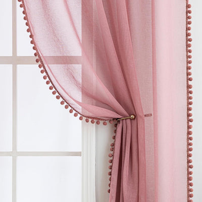 MIULEE Gardinen mit Pompons-Hübsche Altrosa Transparent Gardinen für Kinderzimmer Mädchen, 2 Stücke