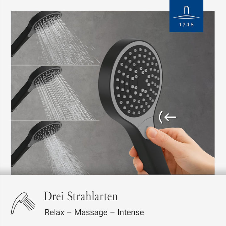 Villeroy & Boch Verve Showers Duschkopf, Handbrause mit 3 Strahlarten auf Knopfdruck wechselbar, Eas