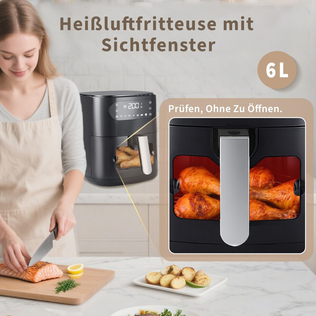 Citybee 6L Heissluftfritteuse mit beleuchtetem Sichtfenster - Extra Leiser Airfryer, 7 Programme &amp; T
