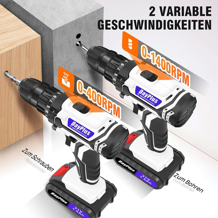 21V Akku Bohrschrauber Set,Weiss Akkuschrauber Set mit 2 * 1500mAh Akku,Akkubohrer 45Nm Drehmoment，2