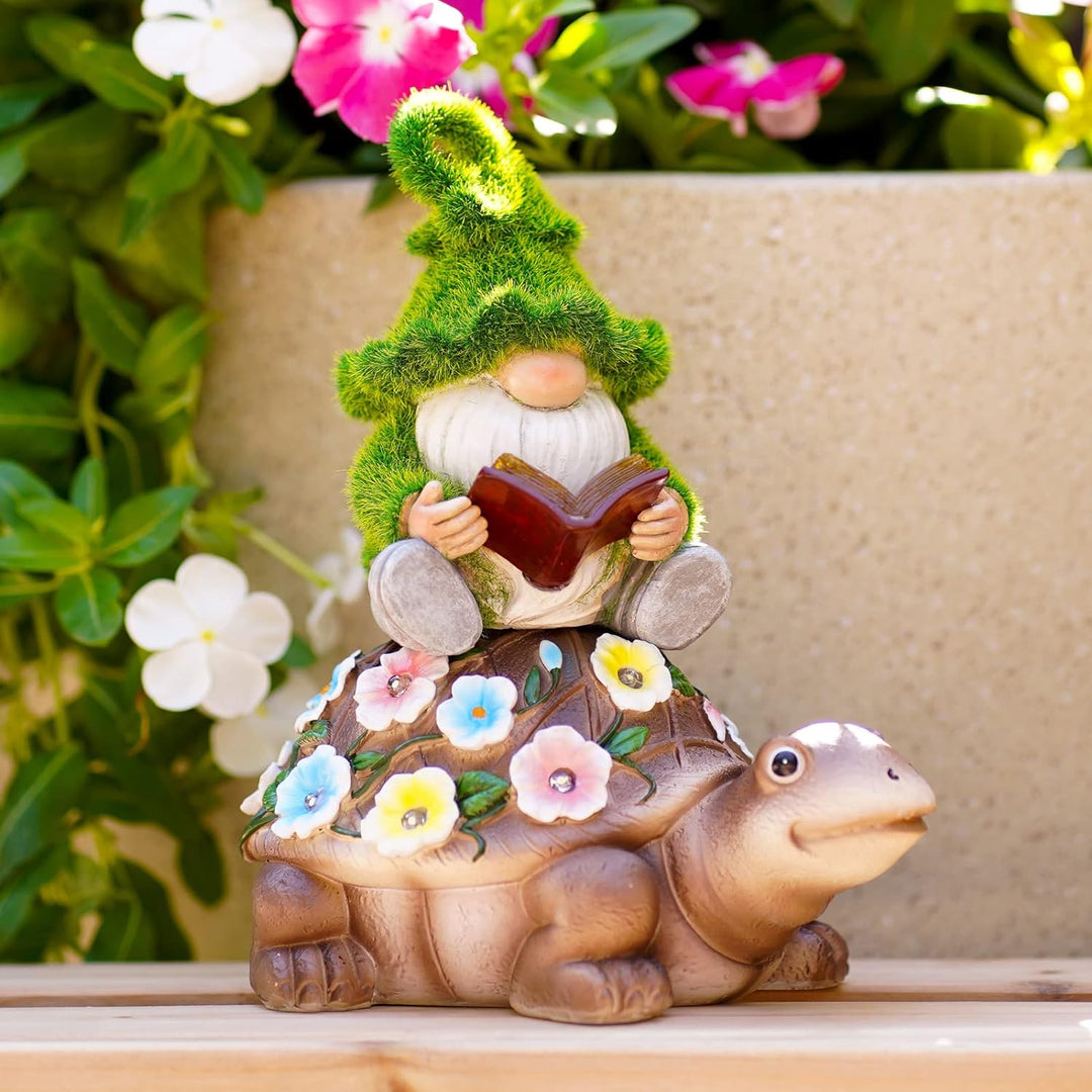 Yeomoo Solar Zwerg Reiten Schildkröte Gartendeko für Draussen Figuren - mit Blumen LED Lichterkette