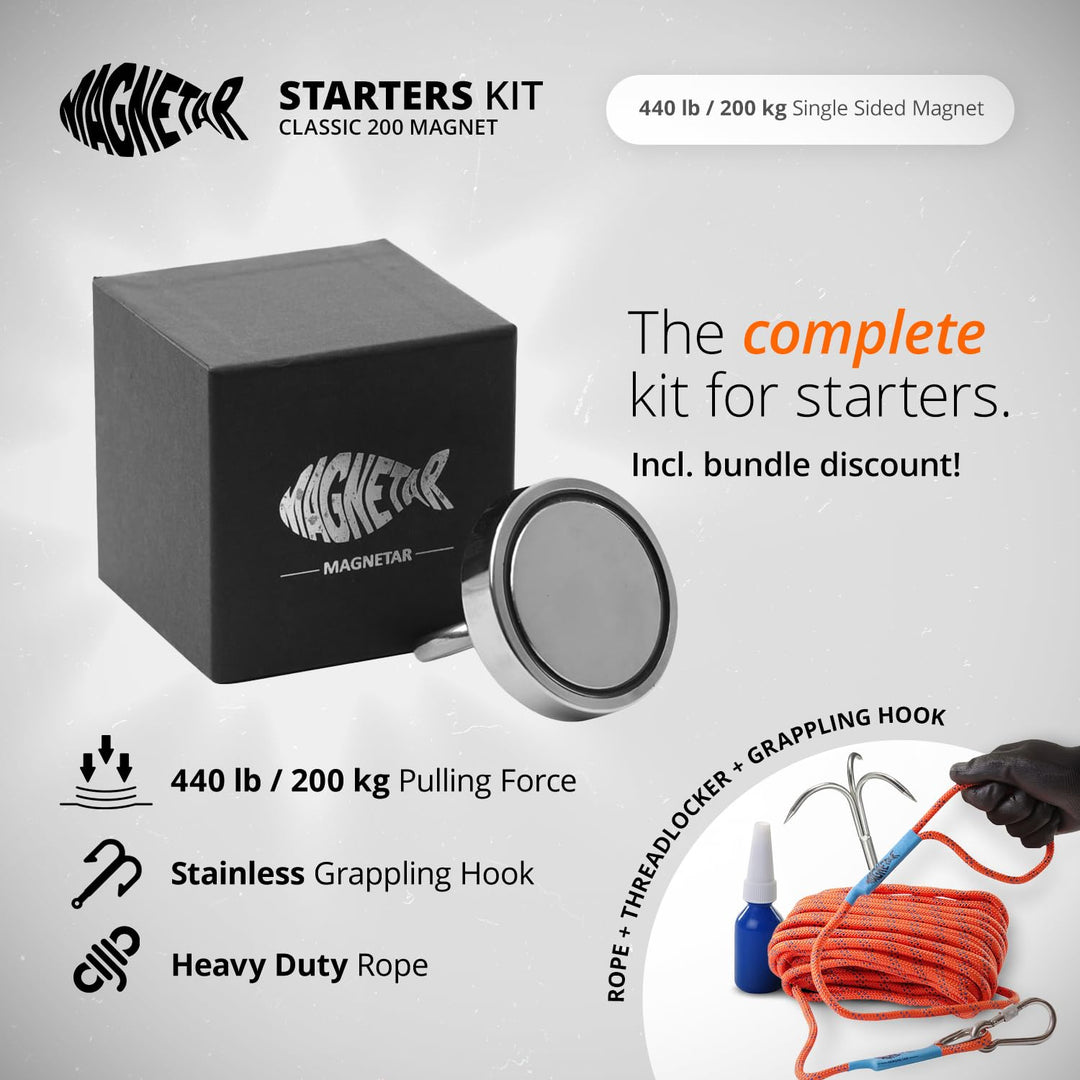 Magnetar - Magnetfischen Set - Einseitig 200kg Bergemagnet - Magnetangel Paket mit Topfmagnet/Seil/H