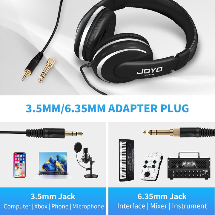 JOYO Over-Ear-Kopfhörer, kabelgebunden, Studiokopfhörer mit 1/4 bis 3,5 mm Klinke für Gitarrenverstä