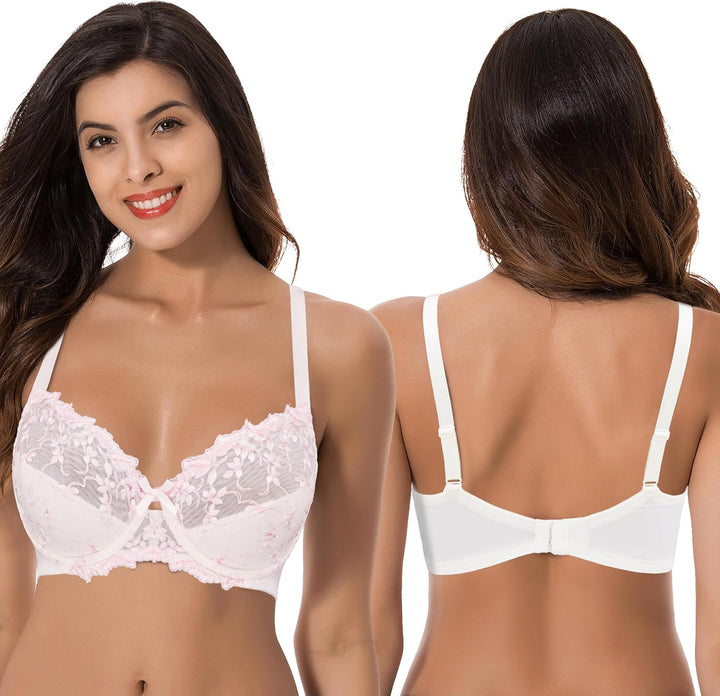 Curve Muse Damen Leicht Gepolstert Bügel Stickerei Spitzen BH-2er Pack 75D Buttermilch,mekka Orange(