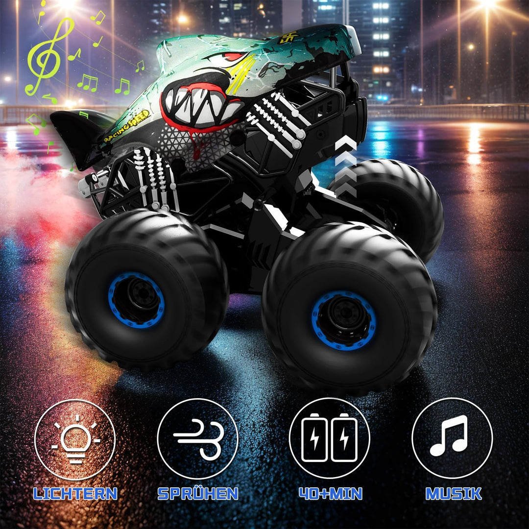 Ferngesteuertes Auto, 1/16 Monstertruck mit Stomp und 360°Drehung, Hai Monstertruck Ferngesteuert mi