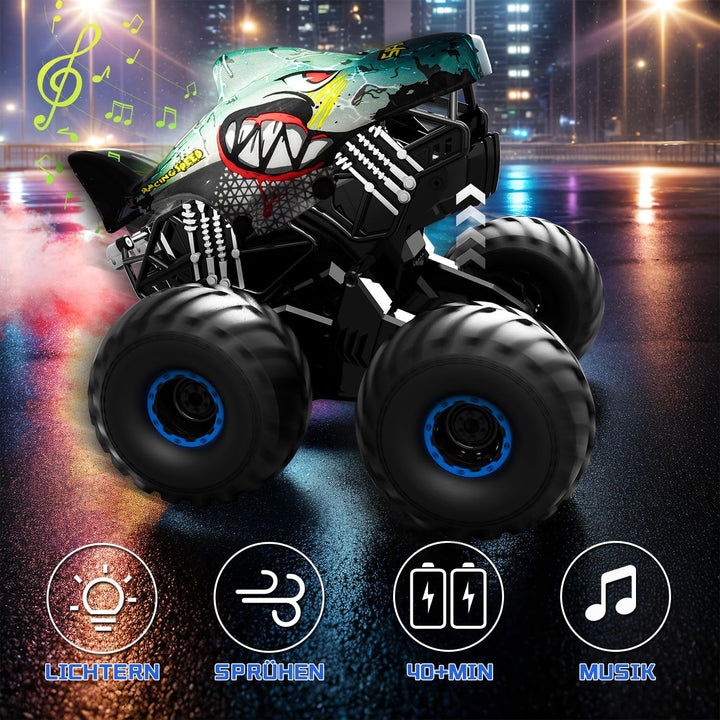 Ferngesteuertes Auto, 1/16 Monstertruck mit Stomp und 360°Drehung, Hai Monstertruck Ferngesteuert mi