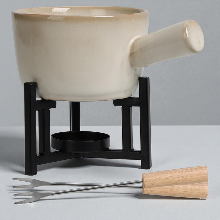 MIJOMA Fondue Set für 2 Personen – Keramiktopf mit Metallgestell & Edelstahlgabeln – Schokoladen- &