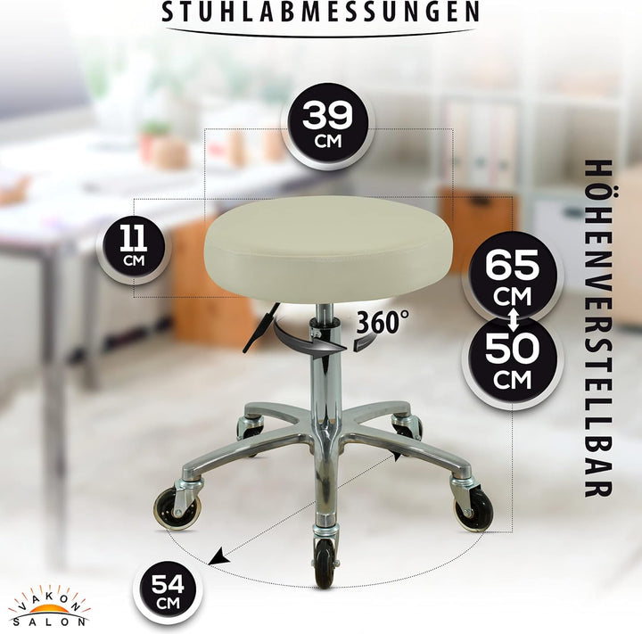 Premium Rollhocker weiss höhenverstellbar von 50 bis 65 cm - Rundsitz- Drehhocker Arbeitshocker Prax