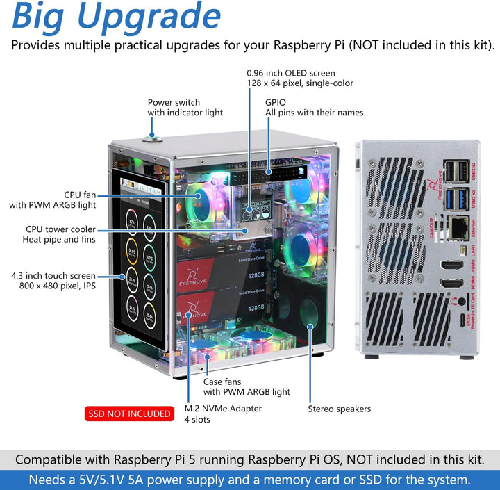 FREENOVE Raspberry Pi 5 NAS Case Kit, Quad M.2 NVMe SSD Slots, 5 PWM ARGB Fans Light Sync, CPU Tower