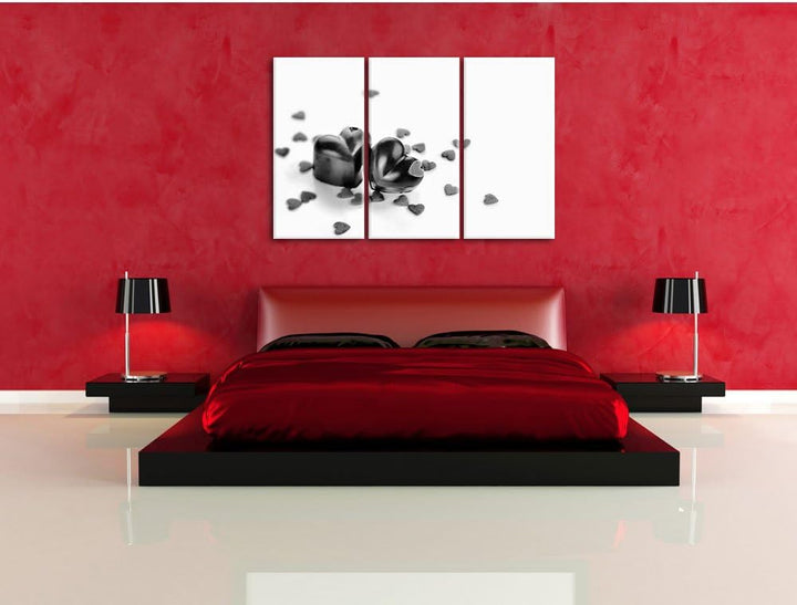 Pixxprint Monocrome, Schokoladenherzchen 3-Teiler Leinwandbild 120x80 Bild auf Leinwand