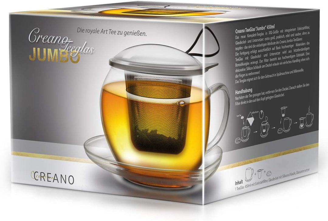Creano Jumbo Tee-Tasse XXL mit Henkel und integriertem Edelstahlsieb, Glas-Deckel und Untertasse | 4