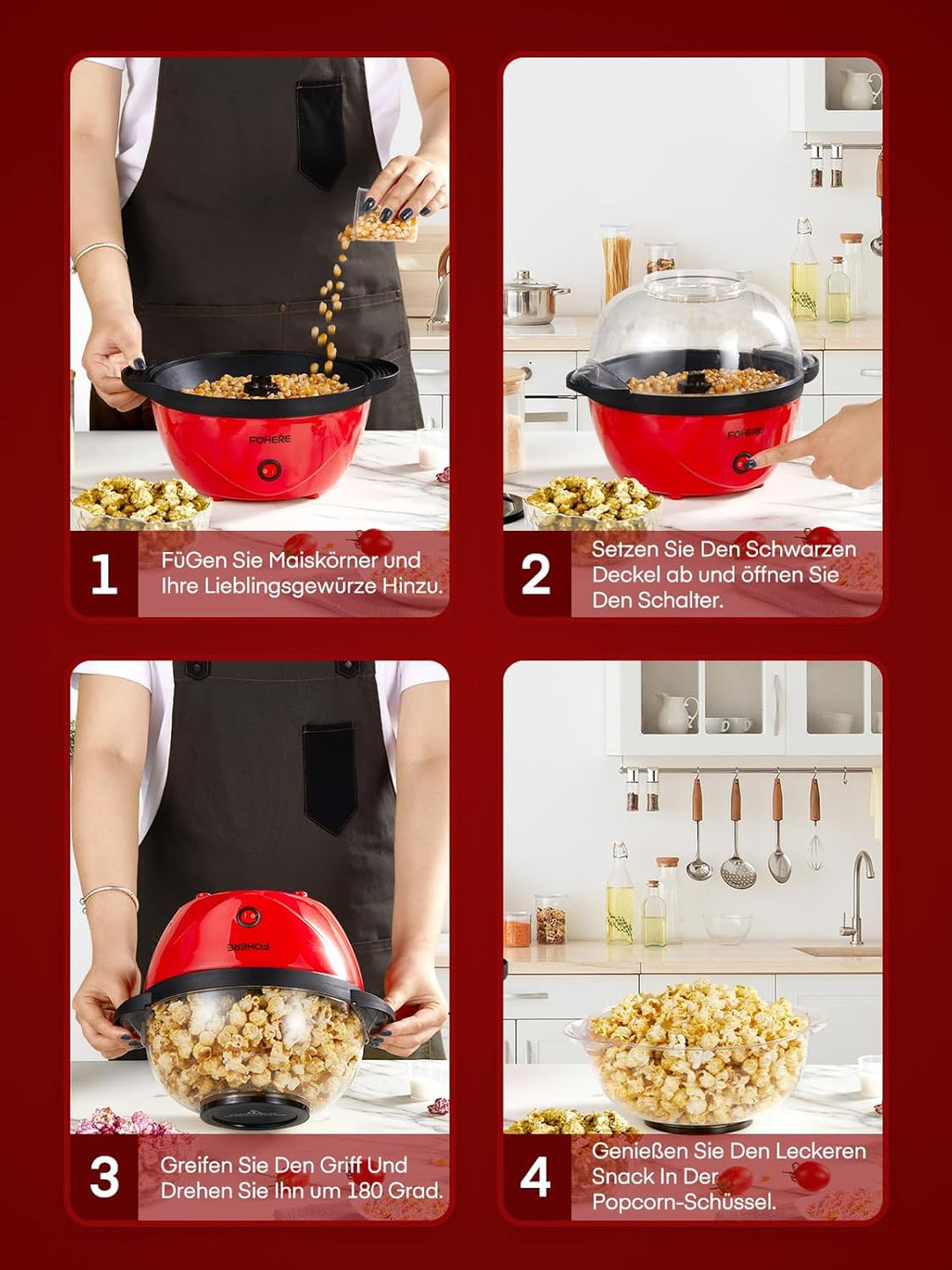 FOHERE Popcornmaschine, 3.5L Popcorn Maker für Zuhause, Elektrische Rühr Popcorn Popper mit Zucker &