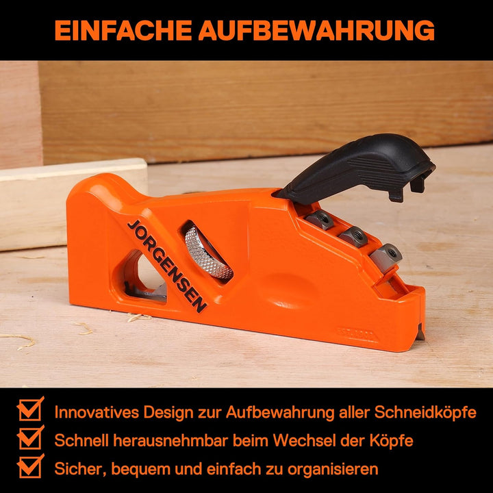 JORGENSEN Kantenhobel Holz mit 4 Schneidköpfen 45°/3/5/6mm, Fasenhobel Eckhobel für Holzbearbeitung,