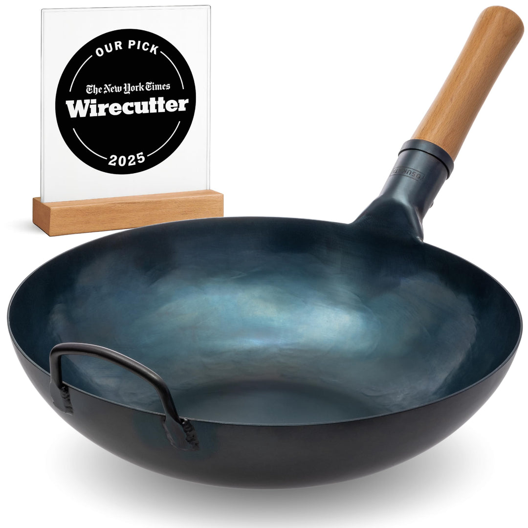 YOSUKATA Karbonstahl Woks &amp; Wokpfannen (34 cm) - Voreingebrannter Wok Pfanne Karbonstahl Flacher Bod