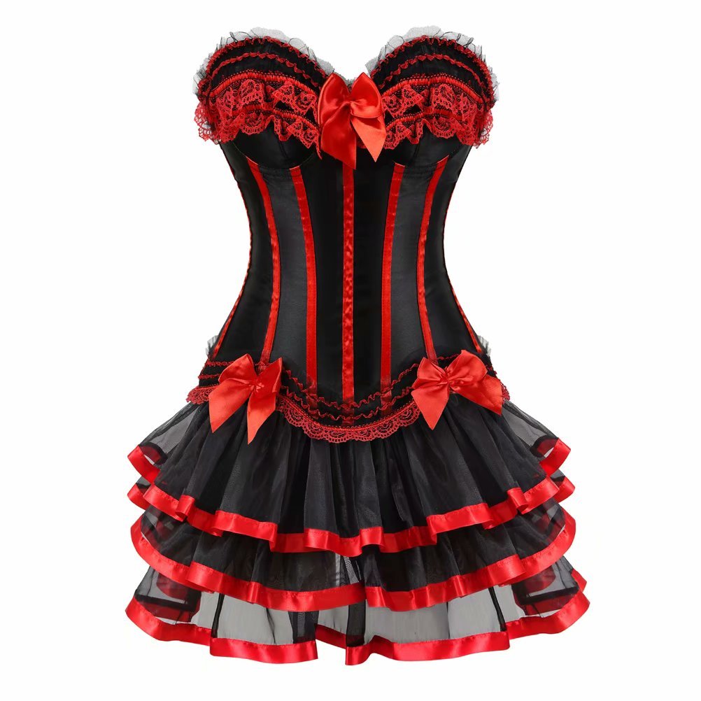 Corsagenkleid Corsage Bustier sexy Streifen Spitze Kleider Korsett Gothic Rock Damen Dress Burlesque