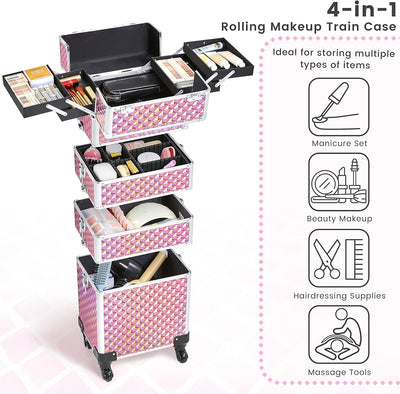 Yaheetech 4-in-1 Kosmetikkoffer, Trolley Schminkkoffer, Grosser Make up Koffer, Abschliessbar Multik