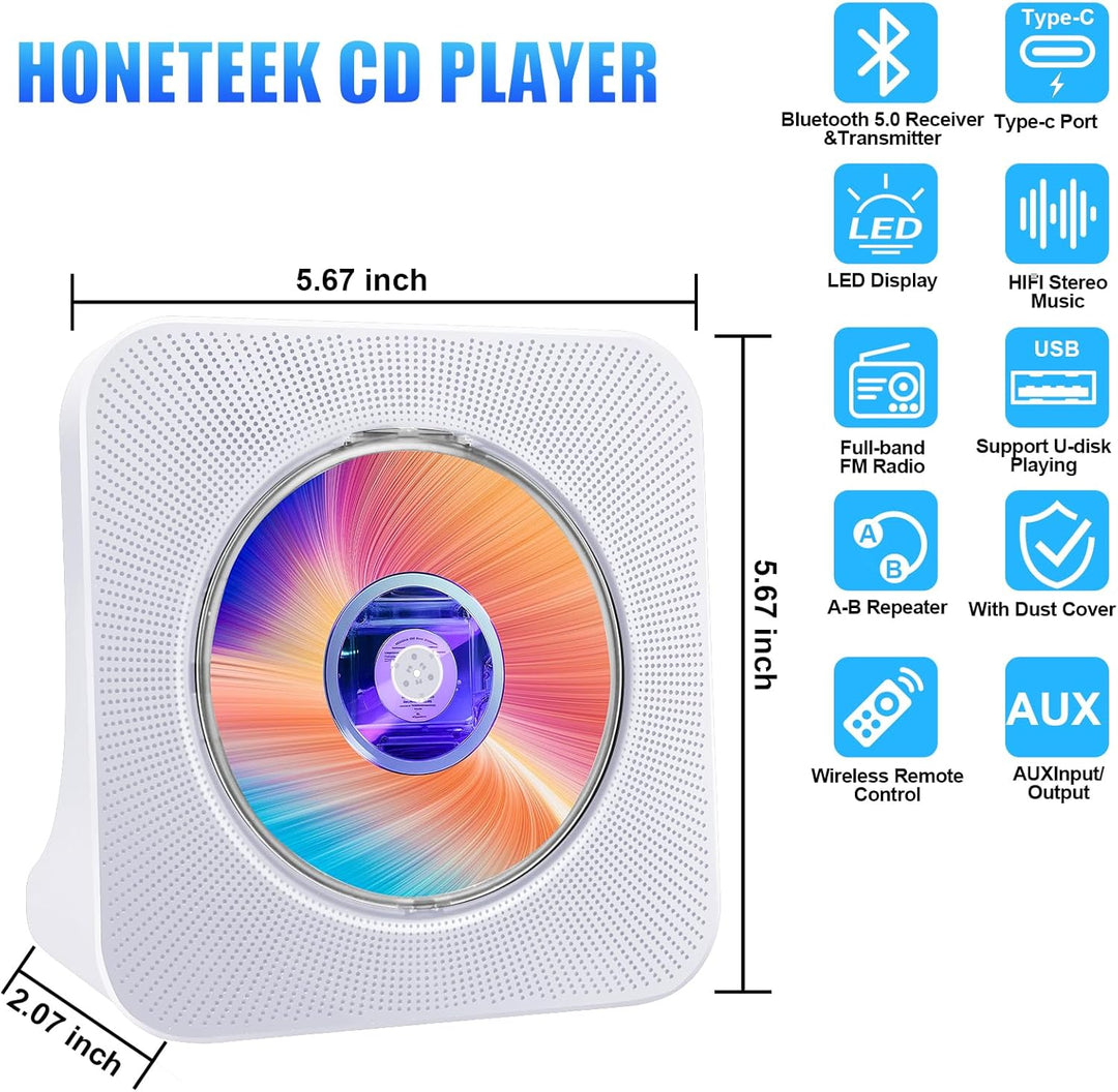 CD-Player Tragbar mit Bluetooth, HoneTeek CD-Player für Zuhause mit Lautsprecher, Persönlicher CD-Pl