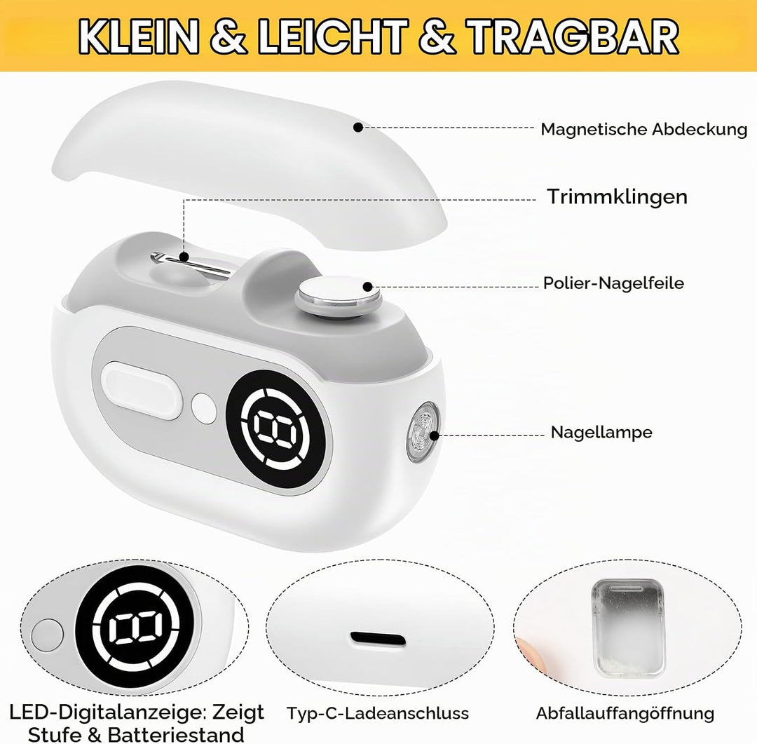 4-in-1 Elektrischer Nagelknipser – Elektrischer Nageltrimmer mit LED-Licht,UV-Lampe und Aufbewahrung