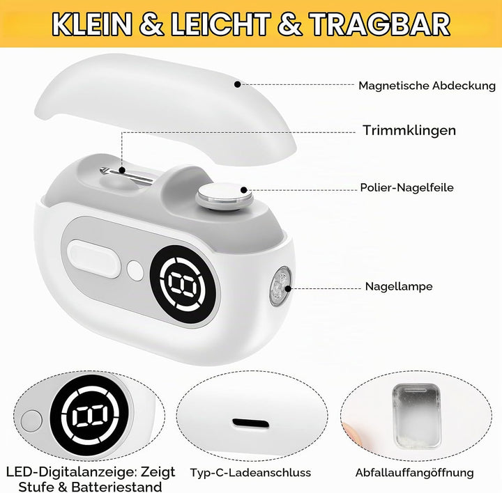 4-in-1 Elektrischer Nagelknipser – Elektrischer Nageltrimmer mit LED-Licht,UV-Lampe und Aufbewahrung
