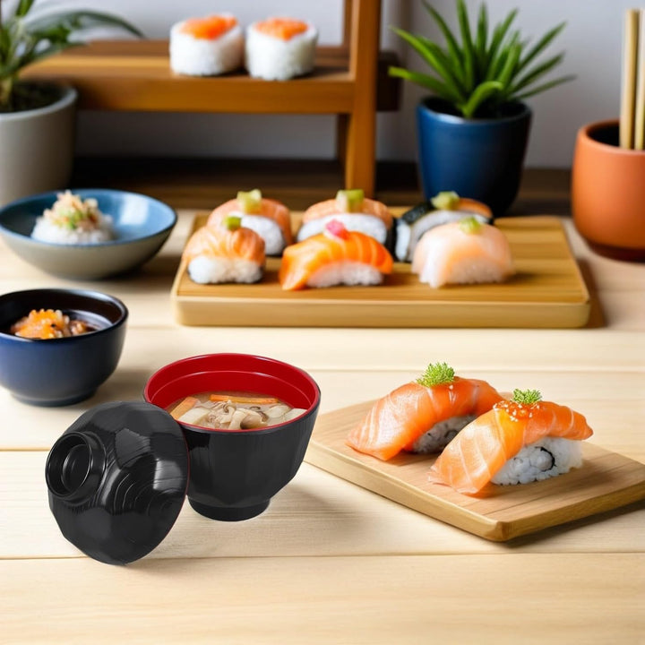 Supvox Japanische Reisschalen mit Deckel 2 Stück 180ml aus Kunststoff | Schwarz, Mikrowellengeeignet