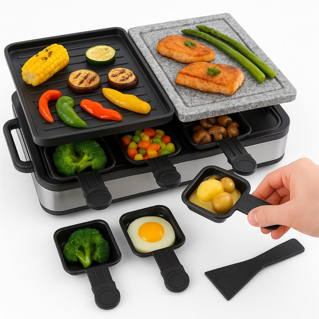 Raclette 8 Personen Set - Mit Tischgrill & Grillplatte & Steinplatte Funktion - inkl. Pfännchen & Sc