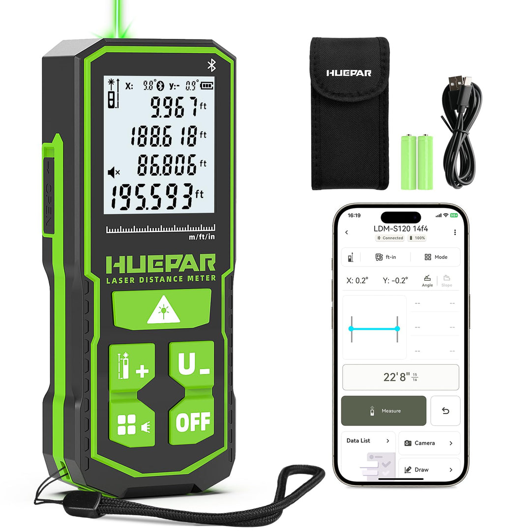 Huepar grünes Laser-Entfernungsmessgerät mit Bluetooth App 120m, 120m