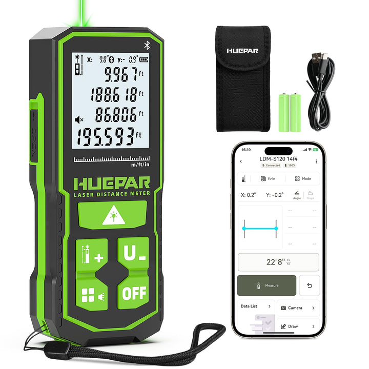 Huepar grünes Laser-Entfernungsmessgerät mit Bluetooth App 120m, 120m