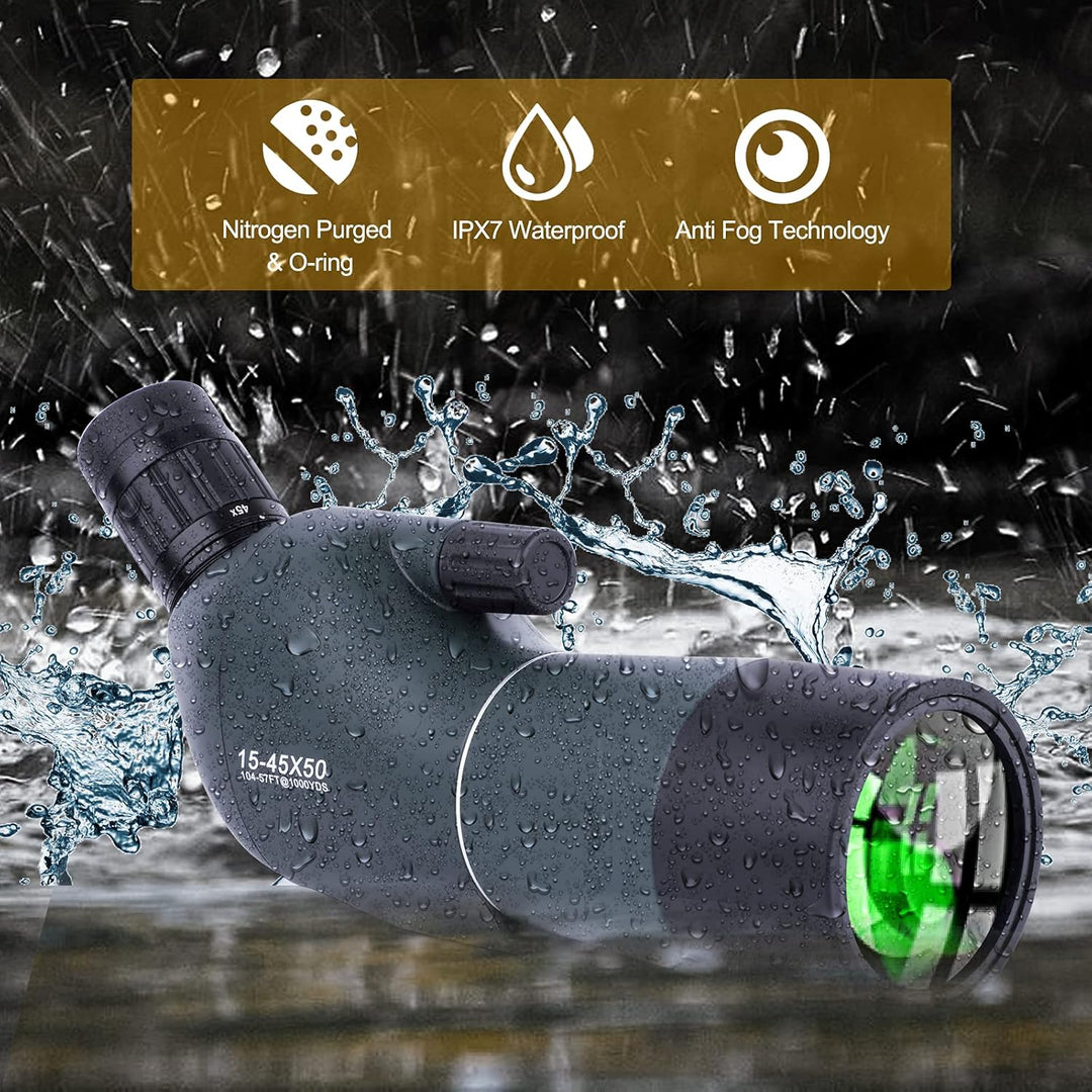 15-45x50 Spektiv mit Stativ, Tragetasche und Smartphone Adapter, HD Wasserdichtes Monokularfernrohr