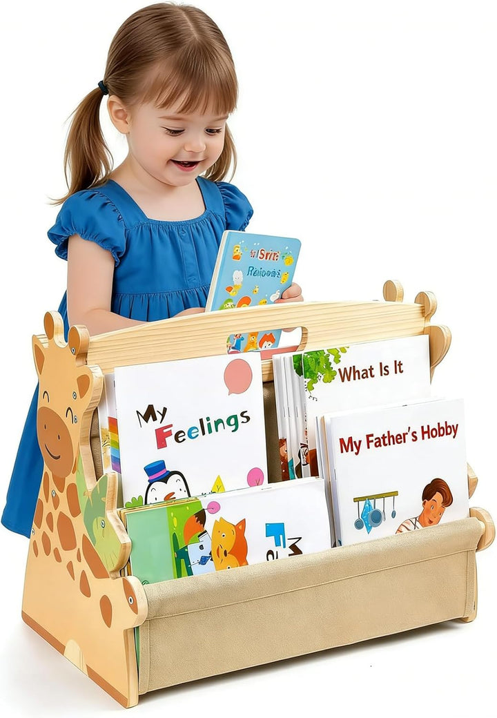 Bücherregal Kinder, doppelseitiges Holzregal mit robusten Canvas-Taschen, Montessori Bücherregal Kin