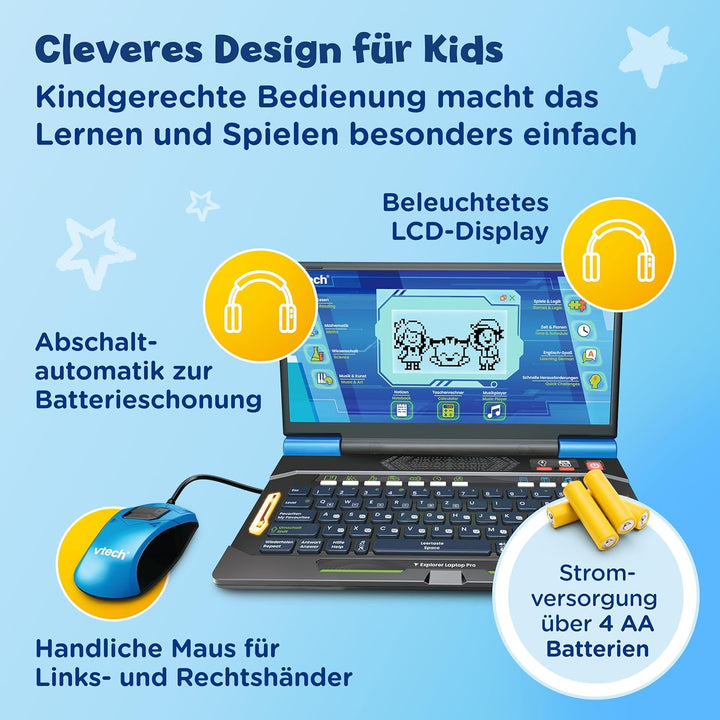 Vtech Explorer Laptop Pro Blau I Lernlaptop mit 164 Spielen I Bilingual Deutsch Englisch I 8 Lernkat