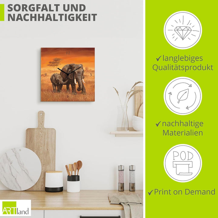 ARTLAND Wanduhr ohne Tickgeräusche Leinwand Quarzuhr 30x30 cm Quadratisch Lautlos Afrika Elefant Tie