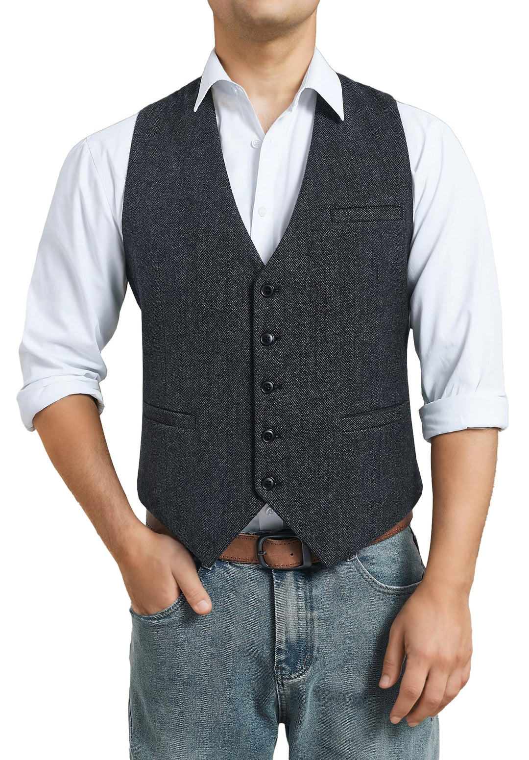 HISDERN Herren Anzugweste Herringbone Weste Hochzeit Herrenweste Formale Tweed Wollweste Classic Bas