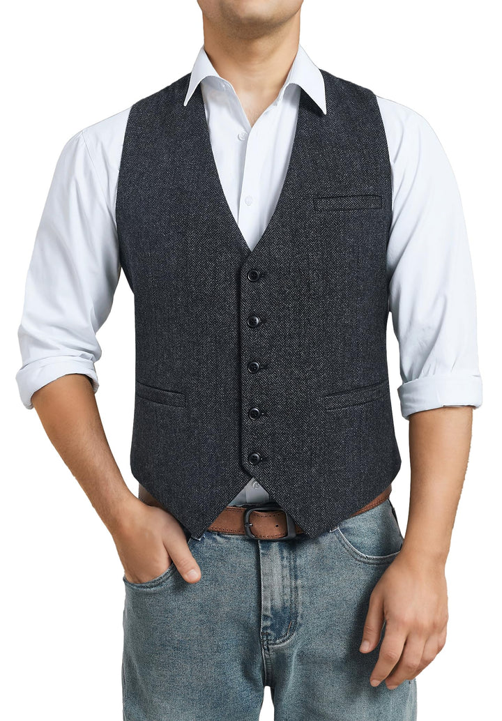HISDERN Herren Anzugweste Herringbone Weste Hochzeit Herrenweste Formale Tweed Wollweste Classic Bas