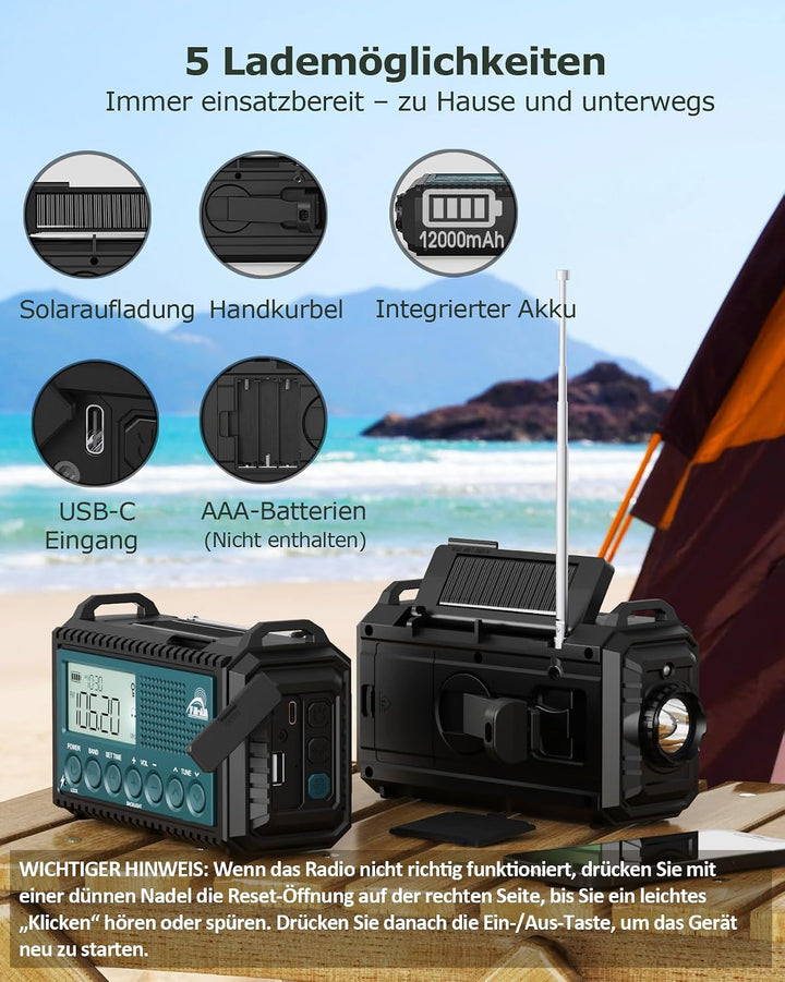 Roxicosly Kurbelradio, Notfallradio mit 12000 mAh Power Bank, AM/FM/SW Baustellenradio, Kurbel &amp; 5-W