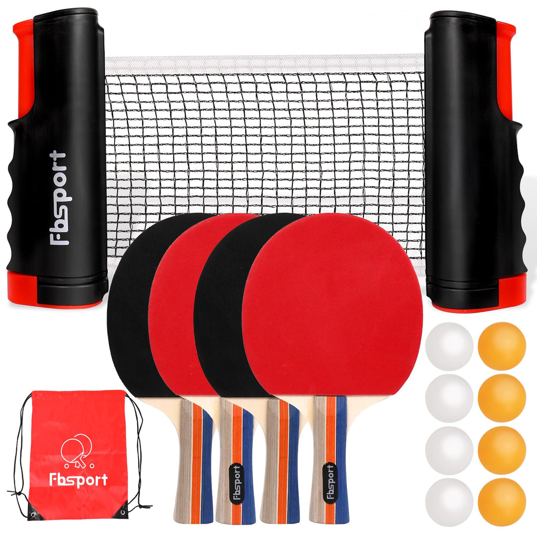 Tischtennisschläger Set Profi, Tischtennis Set mit 4 Schläger, Einziehbarem Netz, 8 Tischtennis Bäll