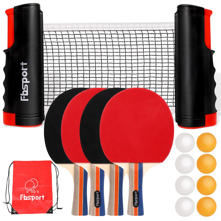 Tischtennisschläger Set Profi, Tischtennis Set mit 4 Schläger, Einziehbarem Netz, 8 Tischtennis Bäll