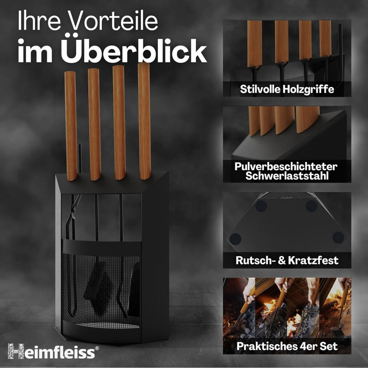 Heimfleiss® Kaminbesteck Schwarz Modern | Premium Ofenbesteck Kaminbesteck Set | Kaminzubehör mit Ho
